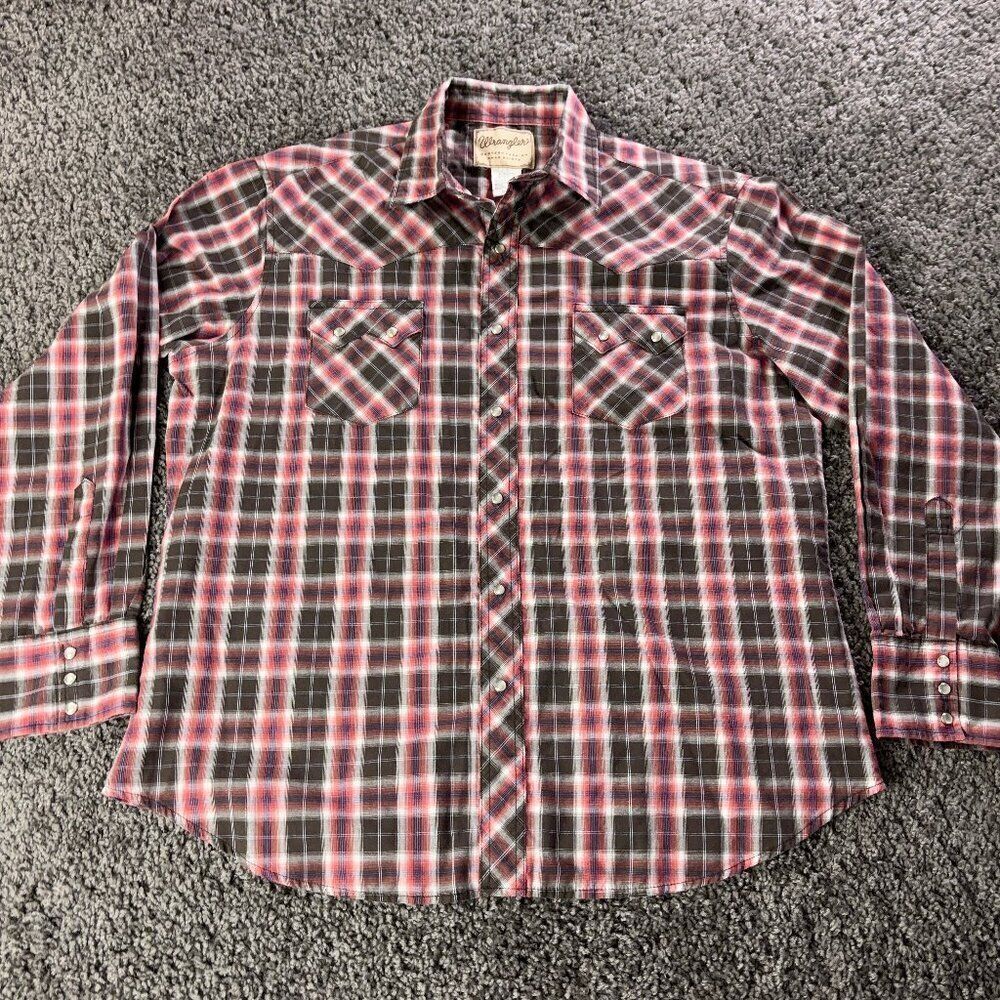 Wrangler Pearl Snap Shirt Mens XL Sawtooth Pockets Long Sleeve Red Brown Plaid